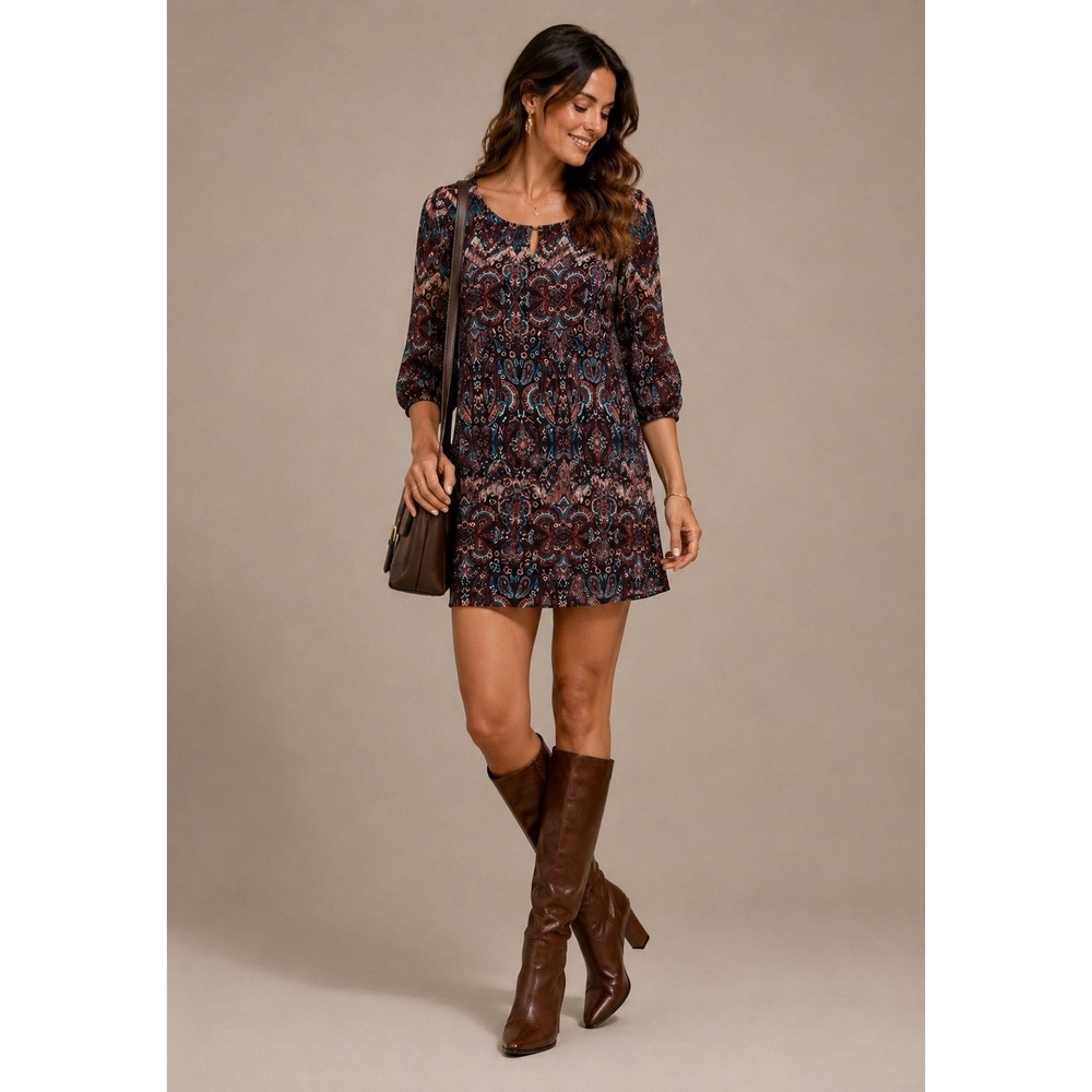 Daytrip XS Paisley Print Mini Dress Keyhole Back Long Sleeve